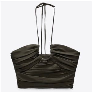 Zara gathered satin halter crap top in olive green